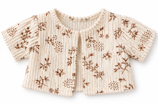 Amelie's cream Cozy Meadow Cardigan with brown botanical print