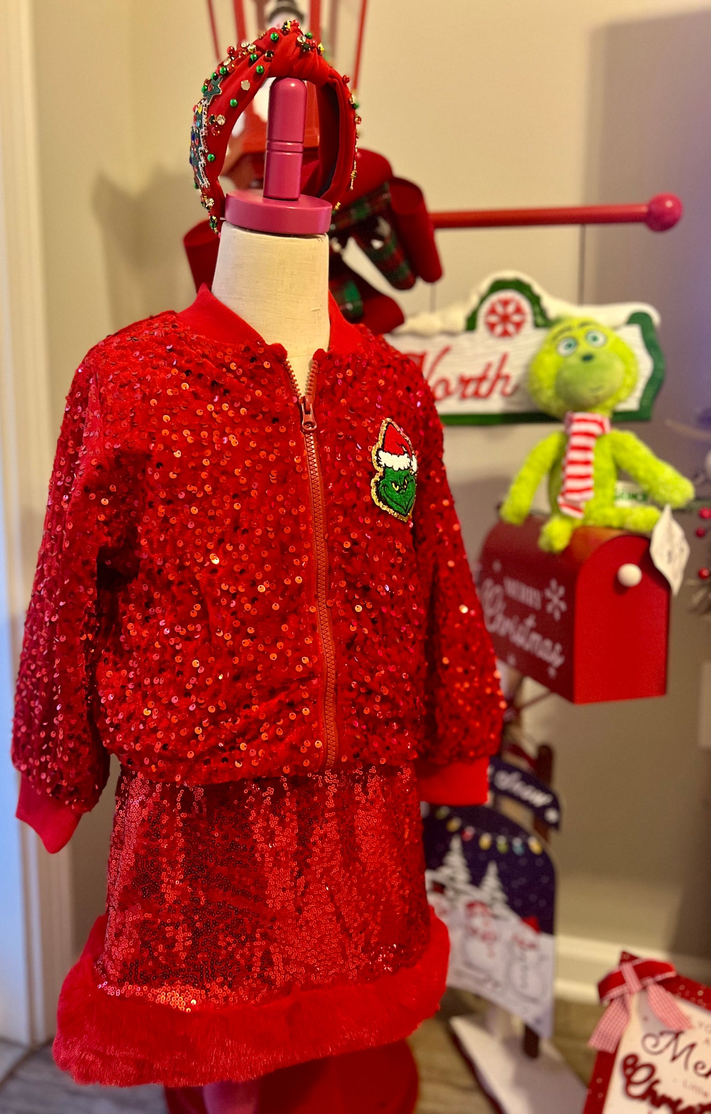 Red Sequin Grinch Bomber Jacket
