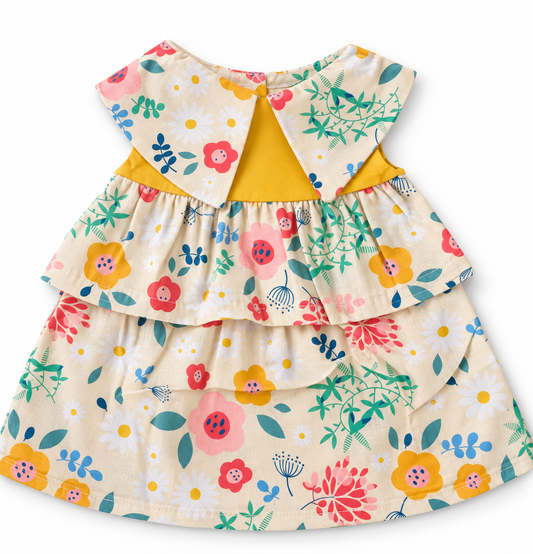 Amelie's Sunshine Garden Dress with colorful floral print, yellow bodice, and tiered skirt