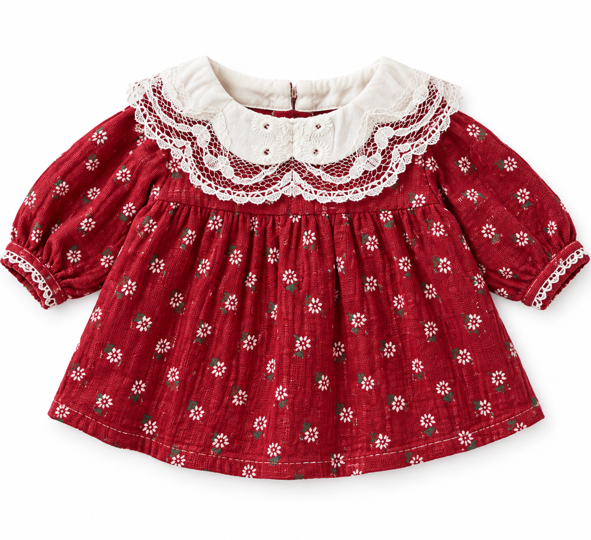 Amelie's Vintage Bloom Top in red floral print with a white lace collar and lace-trimmed sleeves