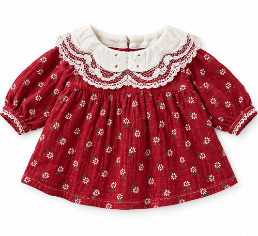 Amelie's Vintage Bloom Top in red floral print with a white lace collar and lace-trimmed sleeves
