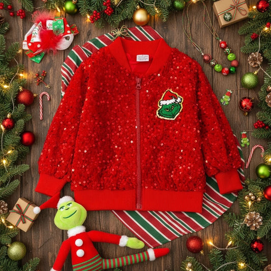 Red Sequin Grinch Bomber Jacket